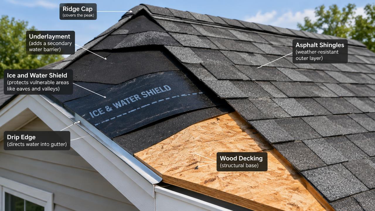 The layers of a shingle roof, from decking to ridge cap.
