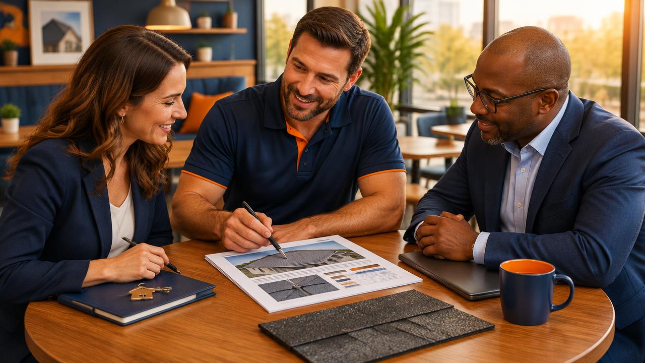 Illustrative AI-generated scene: a roofer sits down with a realtor and an insurance agent over a real inspection report.