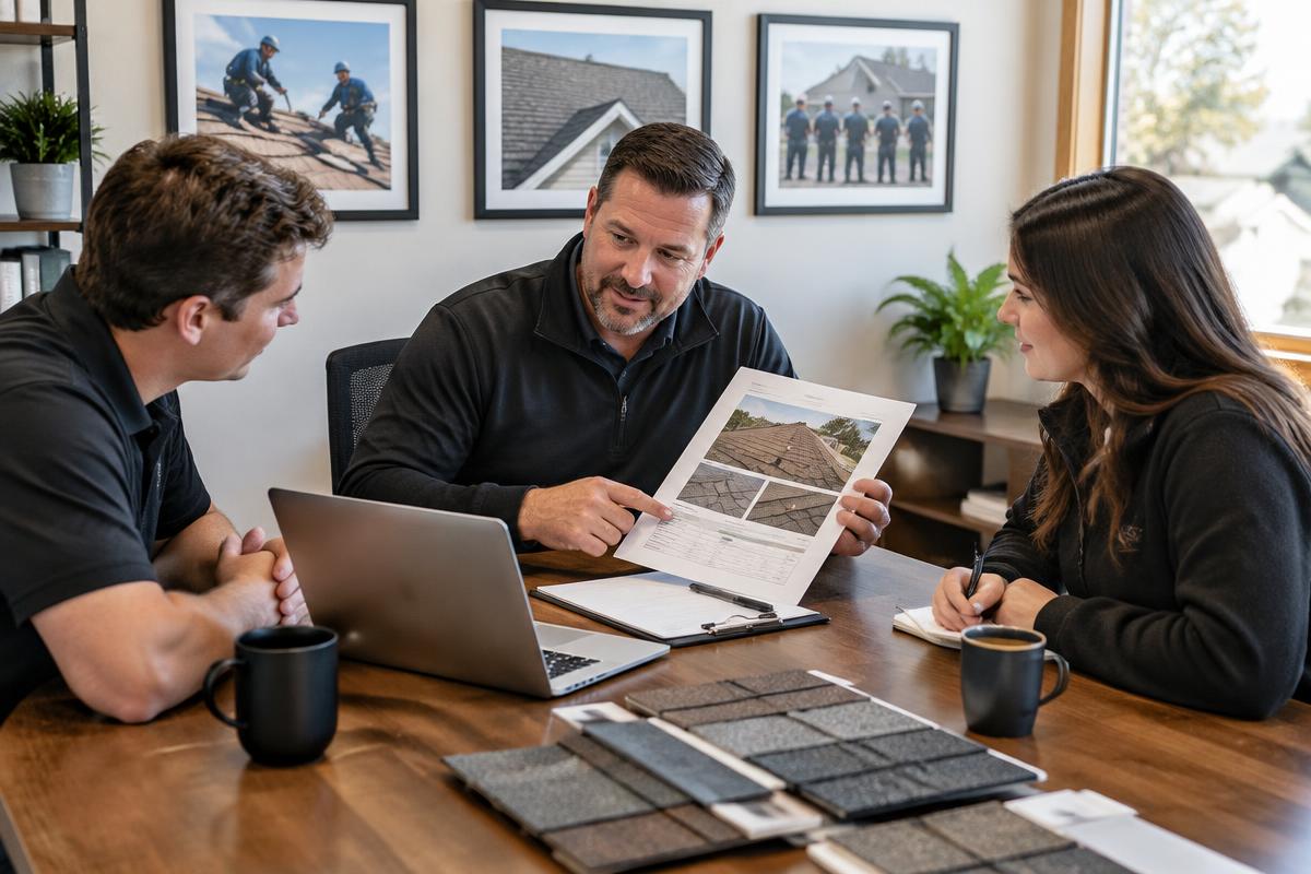 Illustrative AI-generated scene: a contractor plans licensing, hiring and job costing with new team members.