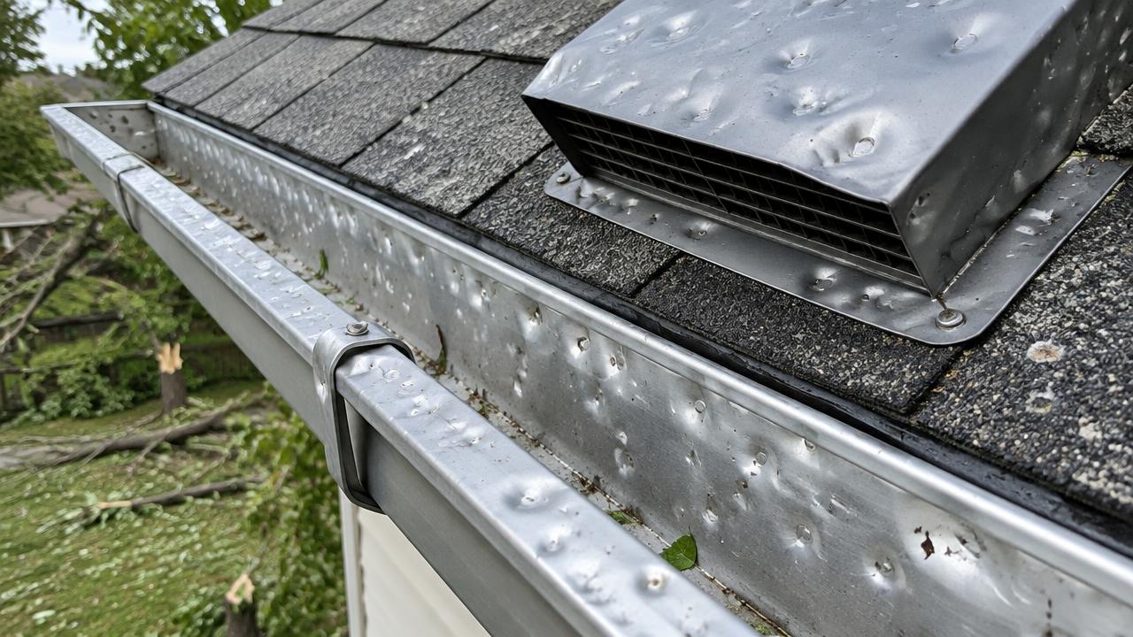Collateral hail dents on a gutter and roof vent — proof of hail size and direction.