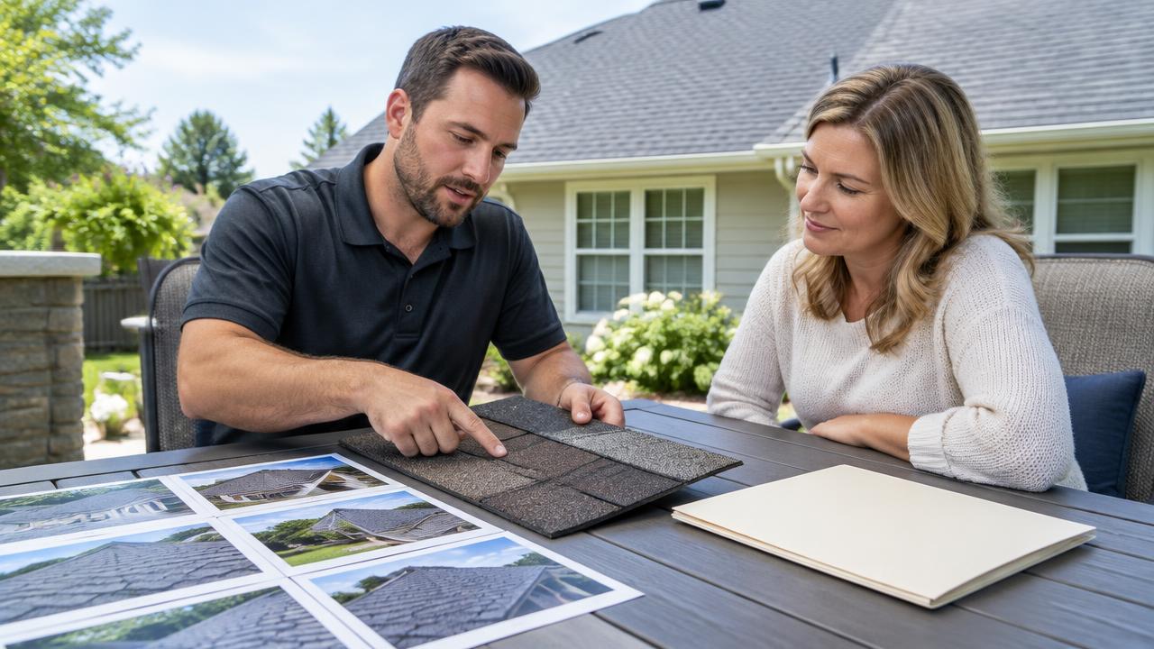 Illustrative AI-generated scene: review the selected product and written terms before the customer signs.
