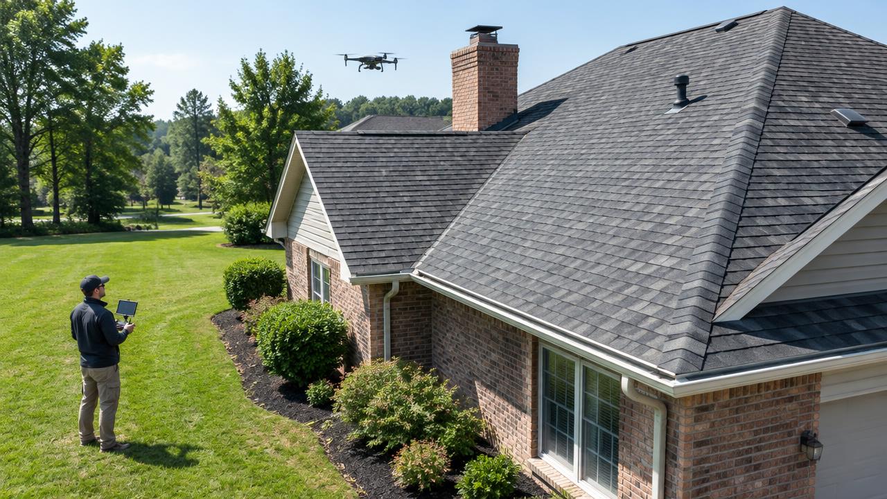 Illustrative AI-generated scene: a ground-based pilot documenting a shingle roof by drone.