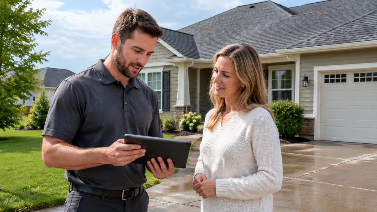 Illustrative AI-generated scene: a roofer and homeowner discuss staying connected for future roof care.