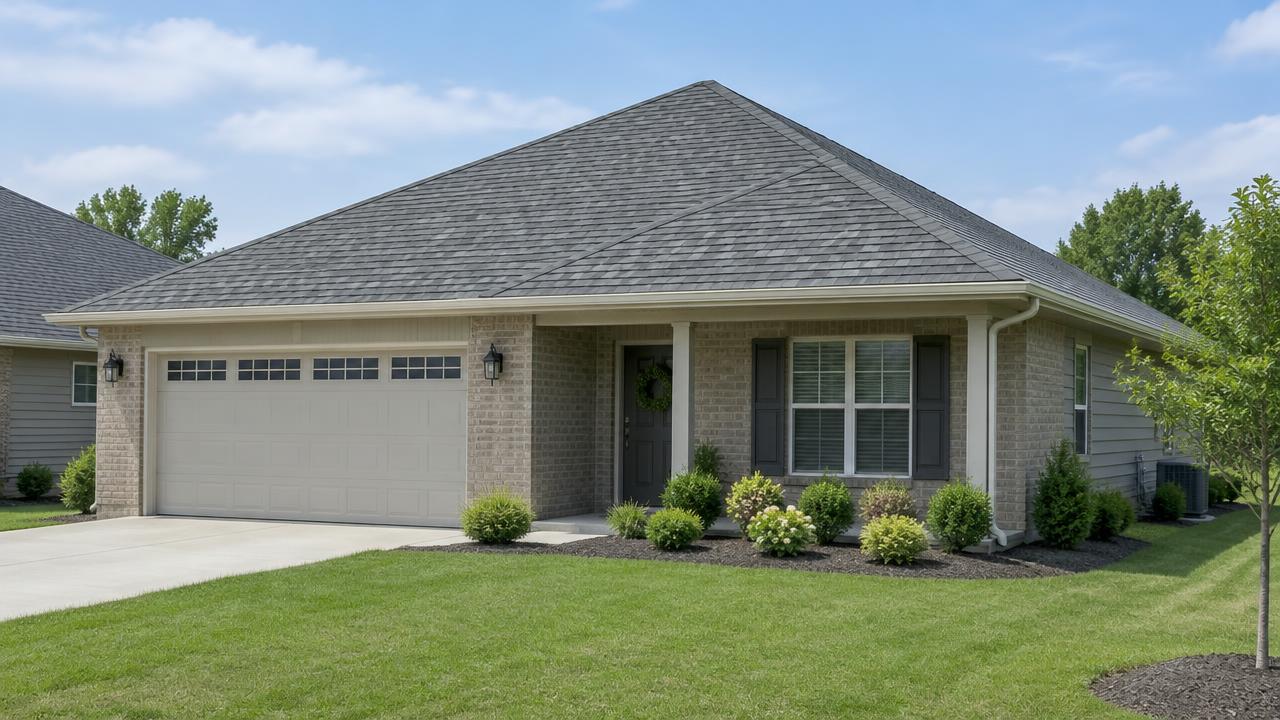 A hip roof: slopes on all four sides and long runs of hip cap.