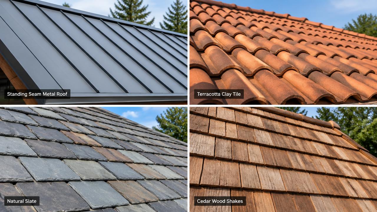 Standing seam metal, clay tile, slate and cedar shake.