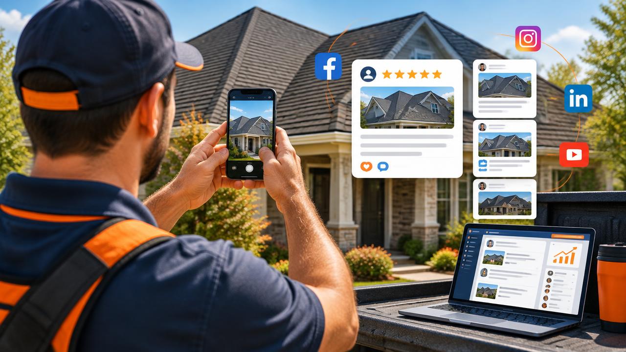 Illustrative AI-generated scene: the finished roof becomes the ad — job photos, reviews and a real business profile.