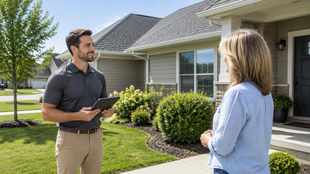 Illustrative AI-generated scene: a respectful introduction on a homeowner’s walkway.