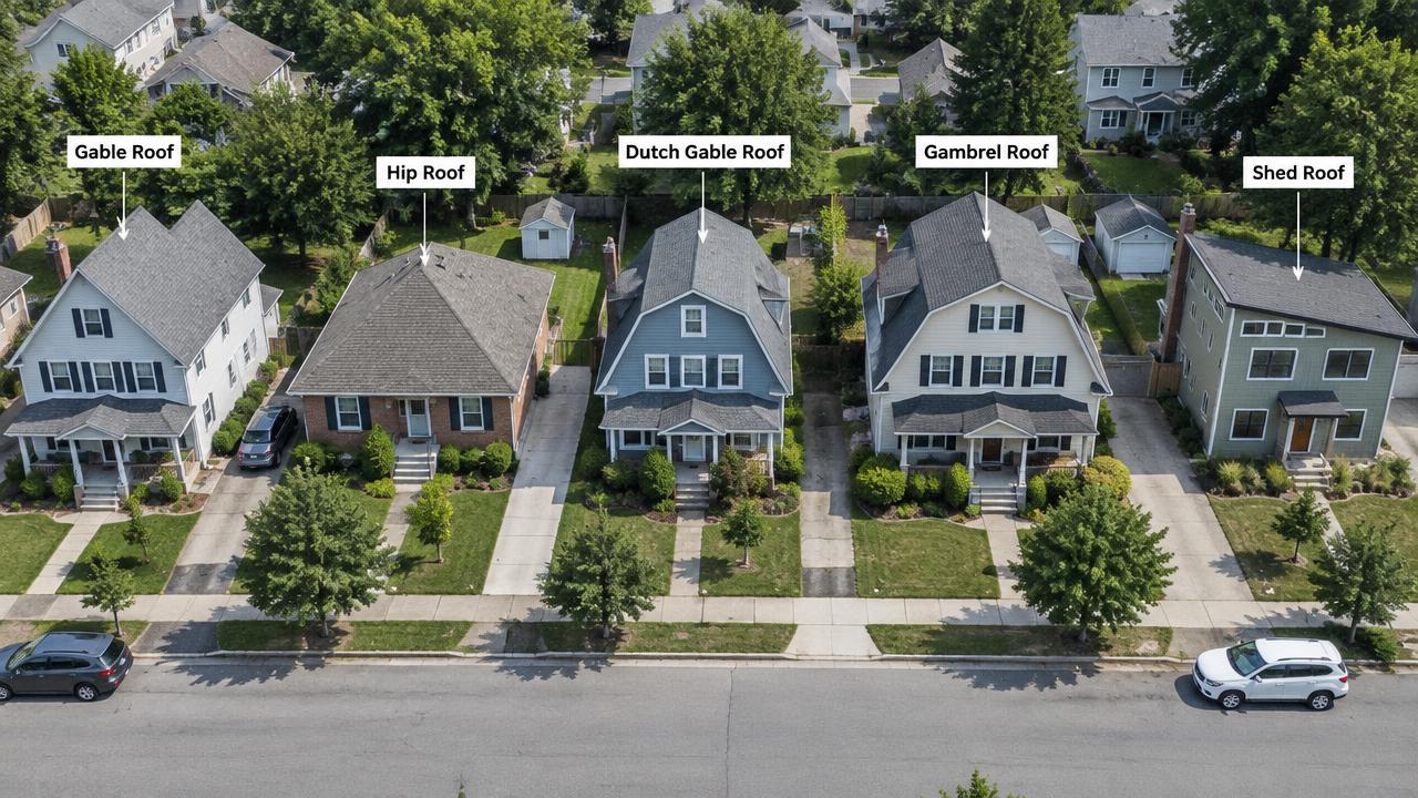Gable, hip, Dutch gable, gambrel and shed roofs on one street.