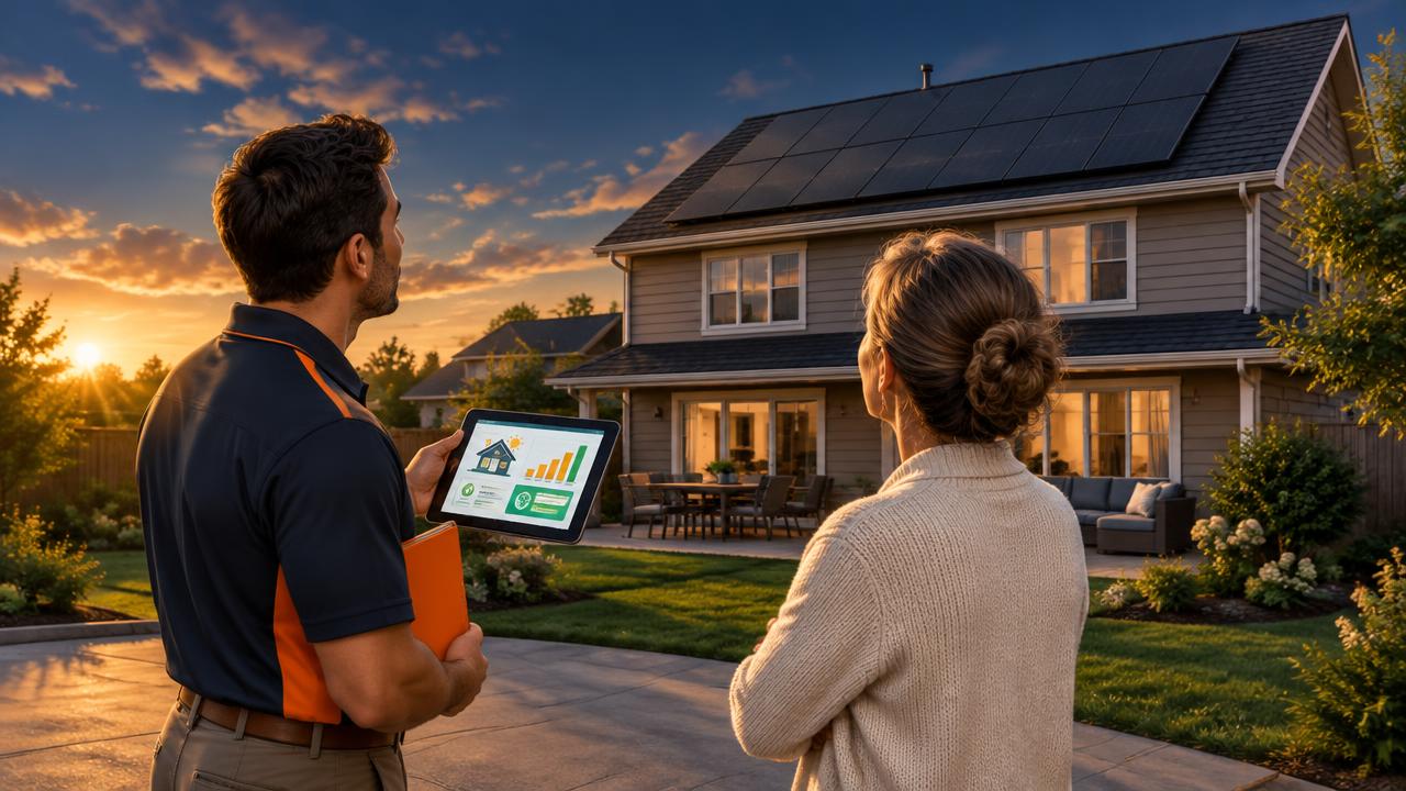 Illustrative AI-generated scene: a roofer walks a homeowner through the roof and energy picture before any commitment.