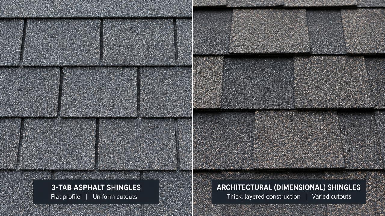 3-tab (left) vs. architectural (right). Note the flat, uniform tabs vs. layered random shadow lines.