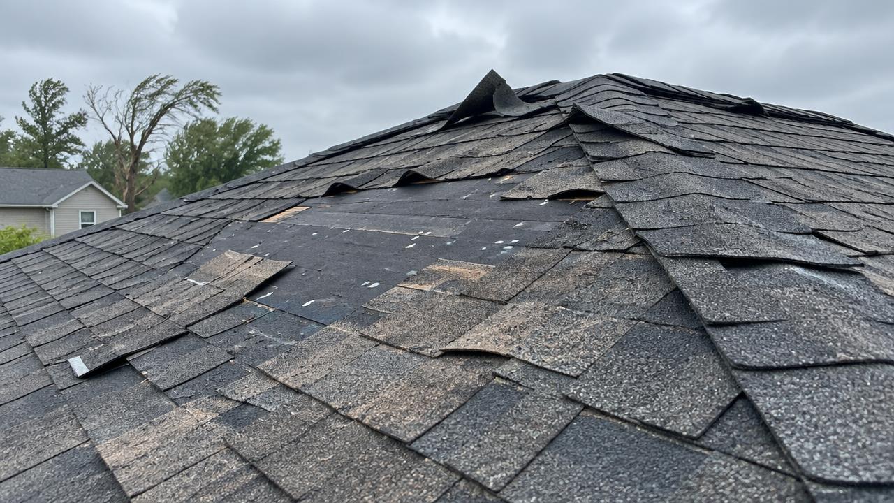 Wind damage: missing shingles, exposed underlayment and lifted tabs near the ridge.